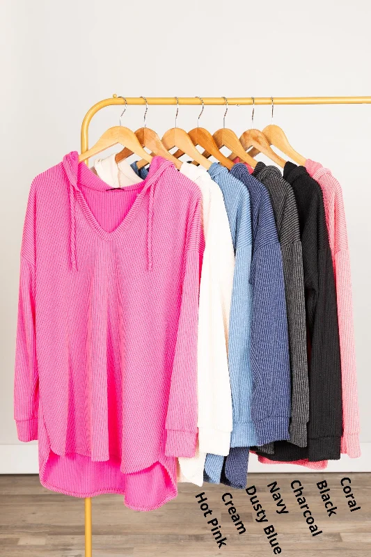 women's long sleeve tops with loose fitsRibbed V-Neck Hooded Long Sleeve Top