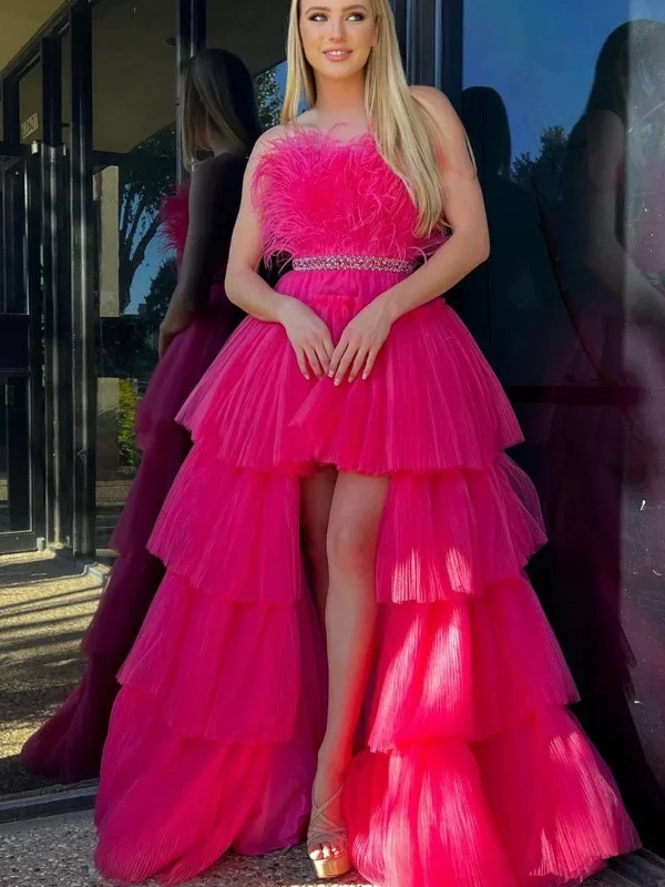 long party dressesStrapless High Low Hot Pink Feathers Long Prom Dresses, High Low Hot Pink Formal Dresses, Hot Pink Evening Dresses SP2808