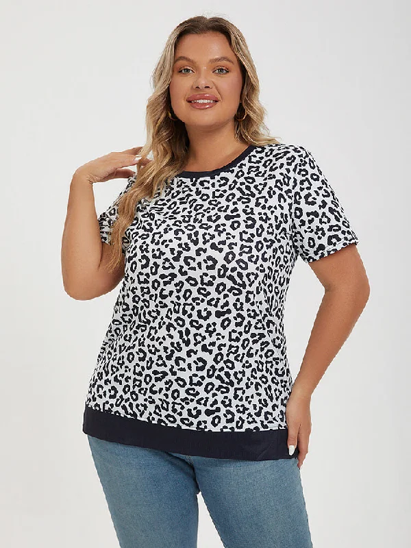 women's T-shirts with international brandingPlus Black And White Leopard Print Round Neck Tee