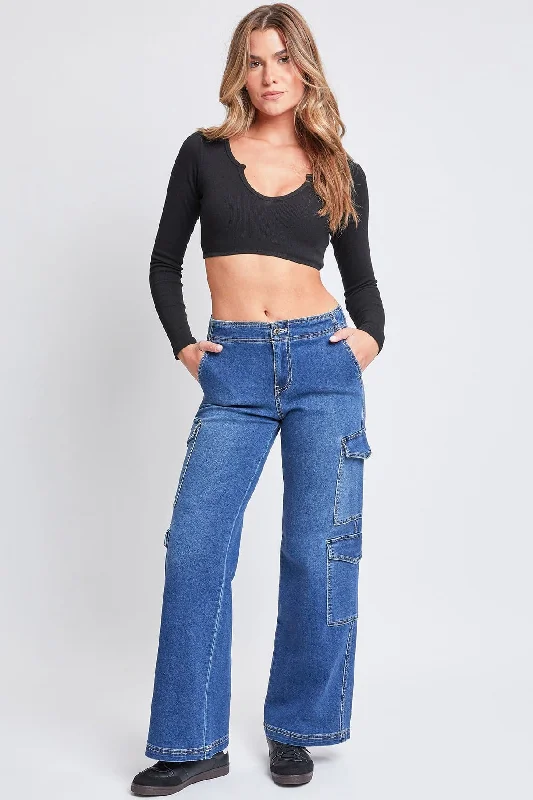 women's denim jeans with distressed hemsWomen’s Wide Leg Double Cargo Jeans