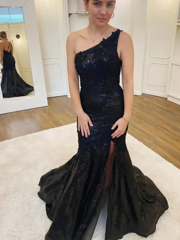 tall party dressesOpen Back One Shoulder Mermaid Black Sequins Long Prom Dresses with High Slit, Mermaid Black Formal Dresses, Black Evening Dresses SP2845