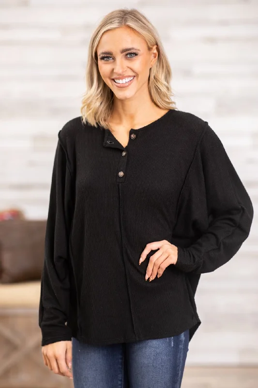 budget-friendly women's long sleeve topsBlack Long Sleeve Top With Button Detail