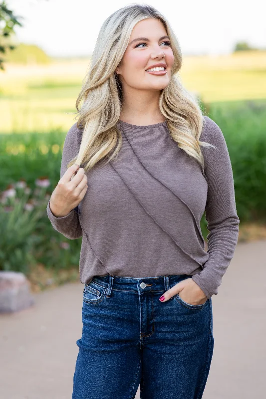 women's long sleeve tops with sustainable fabricMocha Reverse Seam Long Sleeve Knit Top