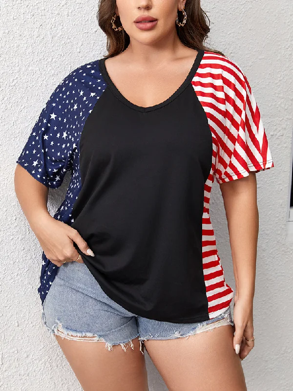 women's T-shirts with athletic fitsPlus Striped Star Patchwork V-Neck Tee