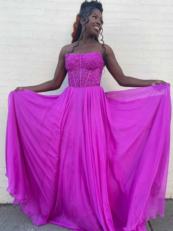 one-shoulder party dressesA Line Strapless Purple Lace Long Prom Dresses, Purple Lace Formal Dresses, Purple Chiffon Evening Dresses SP2849