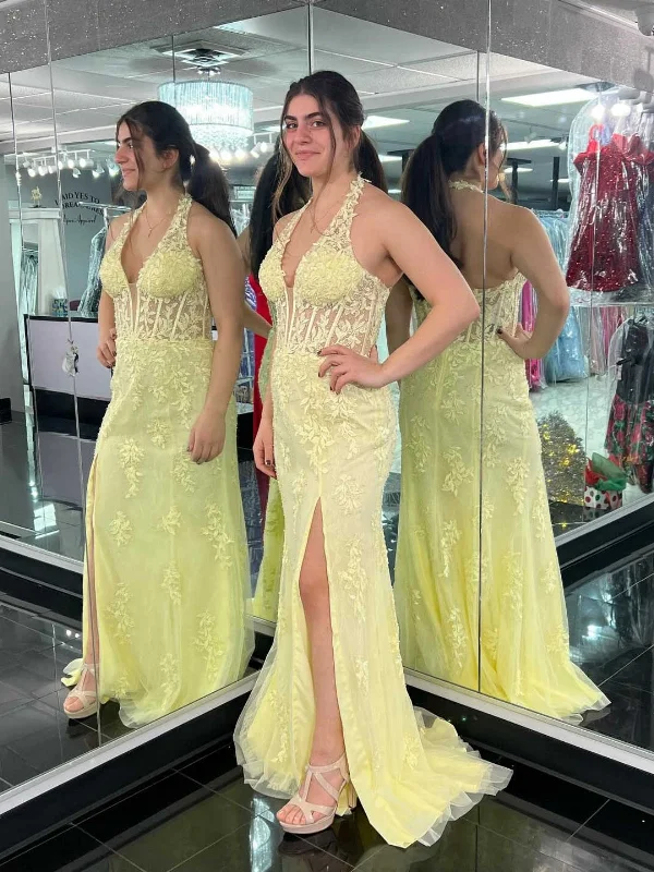 spaghetti-strap party dressesHalter V Neck Open Back Mermaid Yellow Lace Long Prom Dresses with High Slit, Mermaid Yellow Formal Dresses, Yellow Lace Evening Dresses SP2852