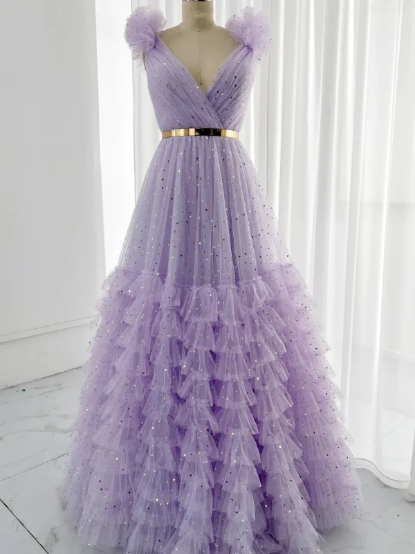 comfortable party dressesPrincess Shiny V Neck Lilac Long Prom Dresses, Long Lilac Formal Graduation Evening Dresses SP2874