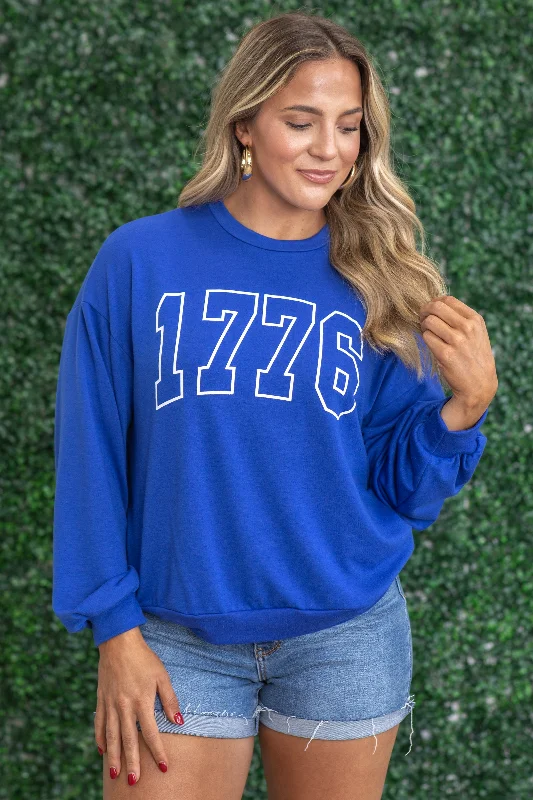 women's long sleeve tops for casual wearRoyal Blue 1776 Graphic Long Sleeve Knit Top