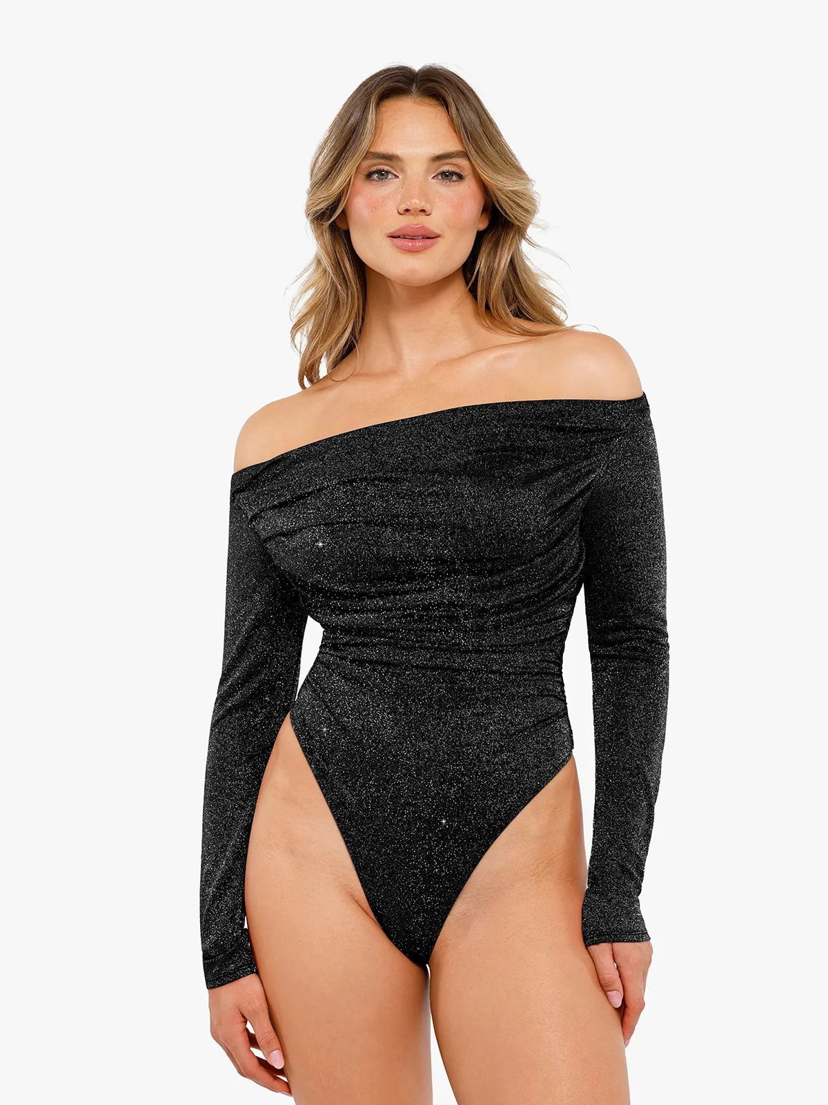 women's long sleeve tops with curvy cutsShapewear Metallic Knit Long Sleeve Slimming Bodysuit