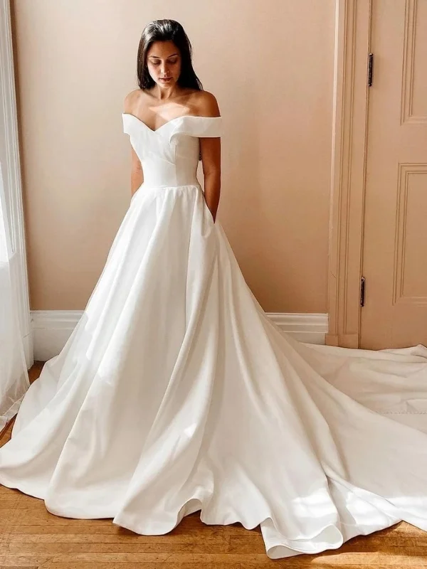 bodycon party dressesOff the Shoulder White Satin Long Prom Dresses with Train, Off Shoulder White Formal Dresses, White Evening Dresses SP2699