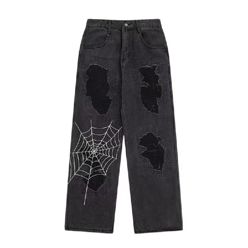 women's denim jeans with embroidery on pocketsBlack Spider Ripped Jeans