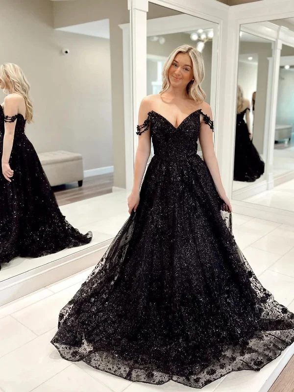 cotton party dressesShiny Off Shoulder Black Lace Long Prom Dresses, Black Lace Formal Dresses, Black Evening Dresses SP2635