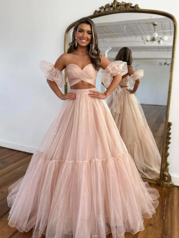 stretchy party dressesSweetheart Neck Two Pieces Pink Tulle Long Prom Dresses, Strapless Pink Formal Dresses, Long Pink Evening Dresses SP2728