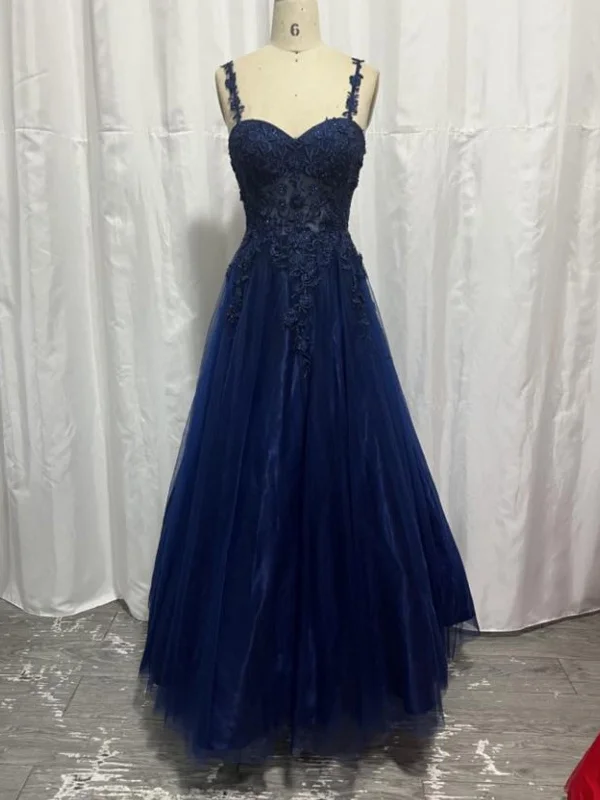 prom party dressesSweetheart Neck Navy Blue Lace Long Prom Dresses, Navy Blue Lace Formal Graduation Evening Dresses SP2624