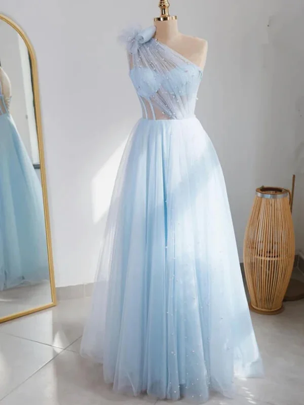 bold color party dressesOne Shoulder Beaded Light Blue Tulle Long Prom Dresses, One Shoulder Formal Dresses, Light Blue Evening Dresses SP2759