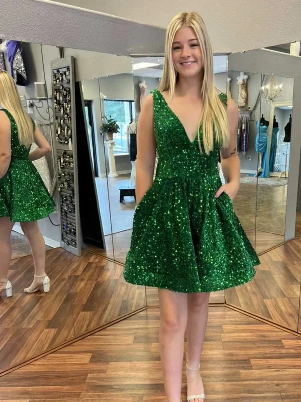 peplum party dressesShiny Sequins V Neck Green Prom Dresses, Short Green Homecoming Dresses, Green Formal Evening Dresses SP2491