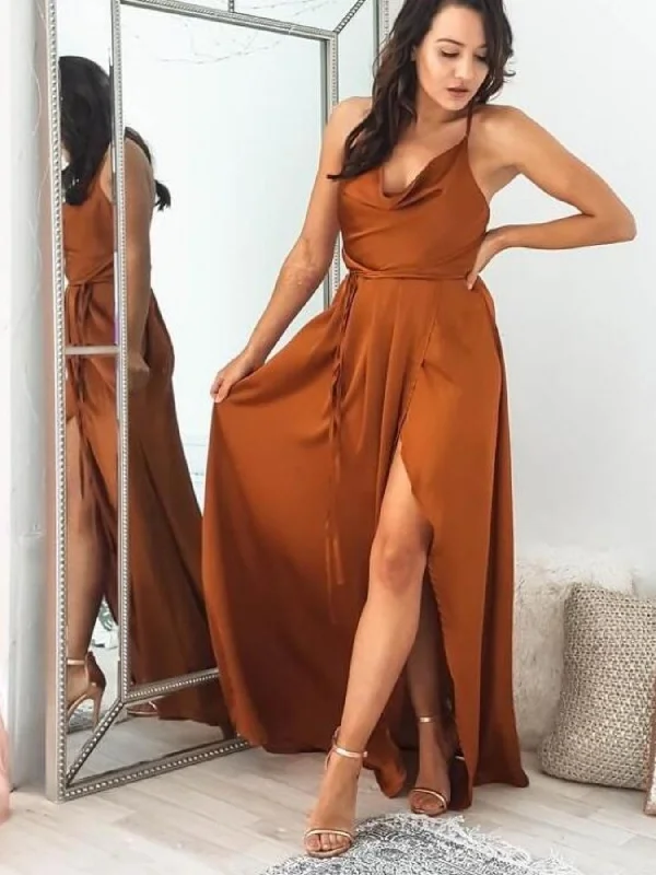 budget-friendly party dressesSimple A Line Brown Long Prom Dresses with High Slit, Long Brown Formal Graduation Evening Dresses SP2818