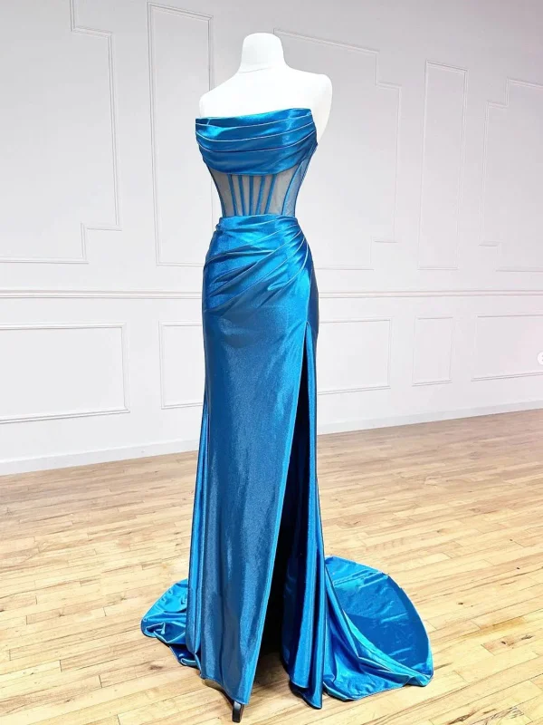 chic party dressesPrincess Mermaid Blue Satin Long Prom Dresses with High Slit, Mermaid Blue Formal Dresses, Blue Evening Dresses SP2720