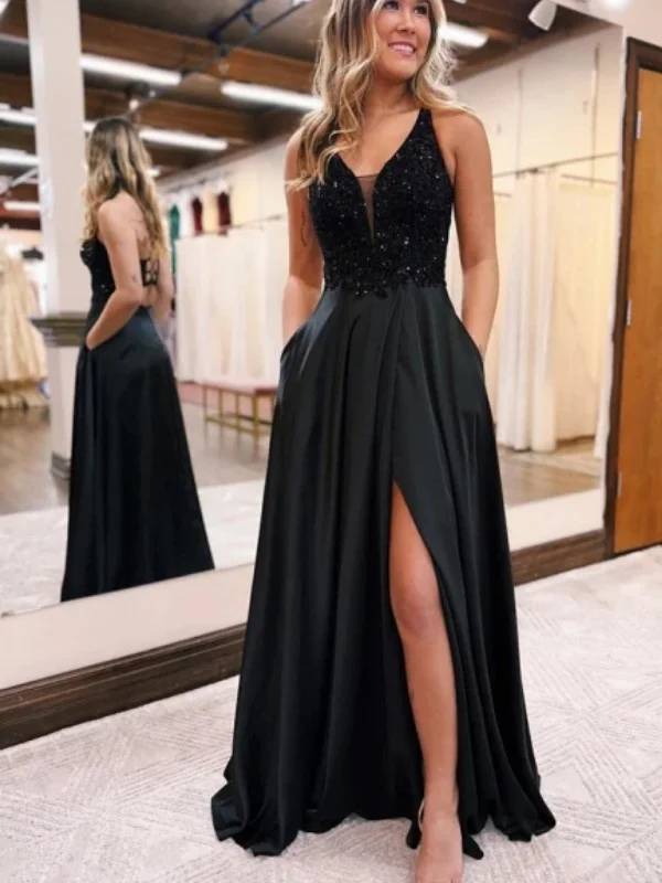 illusion-sleeve party dressesA Line V Neck Open Back Black Sequin Long Prom Dresses with High Slit, V Neck Black Formal Graduation Evening Dresses SP2797