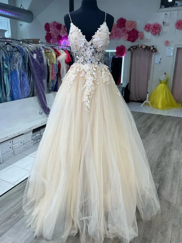 themed party dressesA Line V Neck Open Back Champagne Long Prom Dresses with Lace Appliques, Backless Champagne Formal Graduation Evening Dresses SP2819