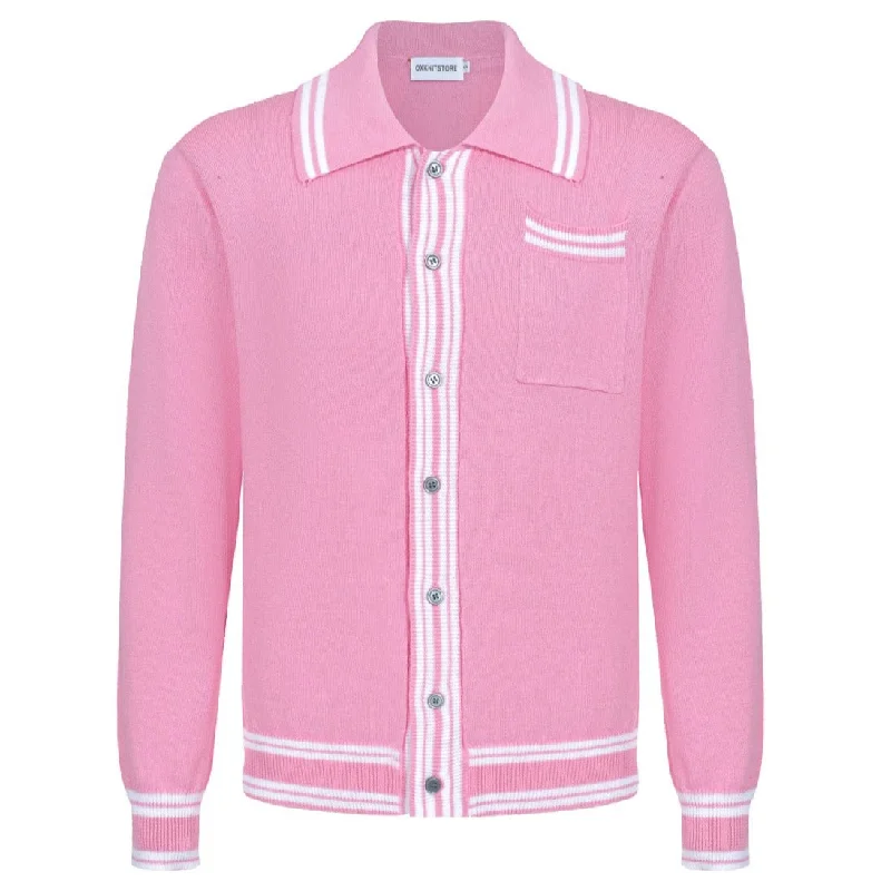 women's long sleeve tops with athletic fitsMen's Pink Knitted Long Sleeves Polo With Apricot Lines