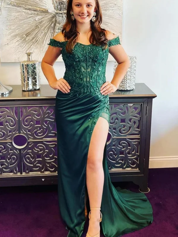 flashy party dressesOff Shoulder Beaded Mermaid Green Lace Long Prom Dresses with High Slit, Mermaid Green Formal Dresses, Green Evening Dresses with Train SP2789