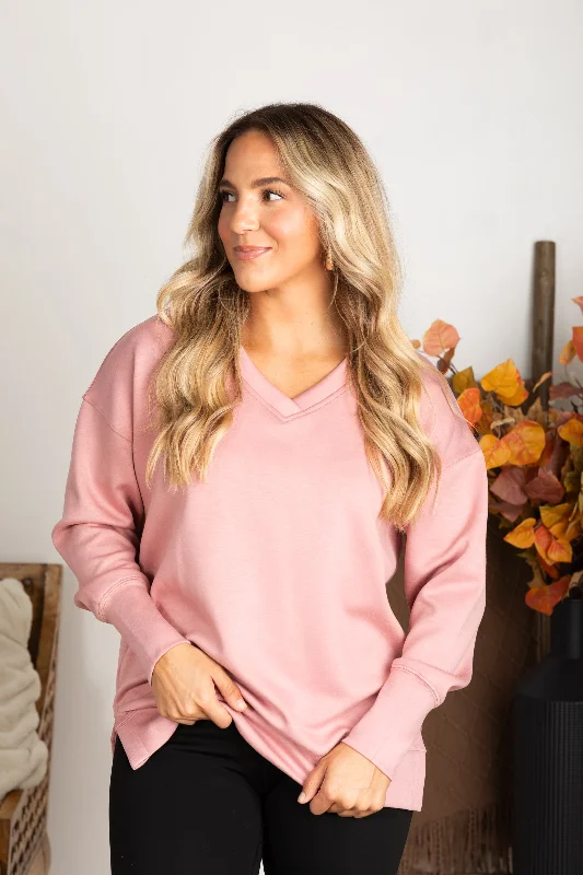 women's long sleeve tops with high necksDusty Rose V-Neck Scuba Long Sleeve Top