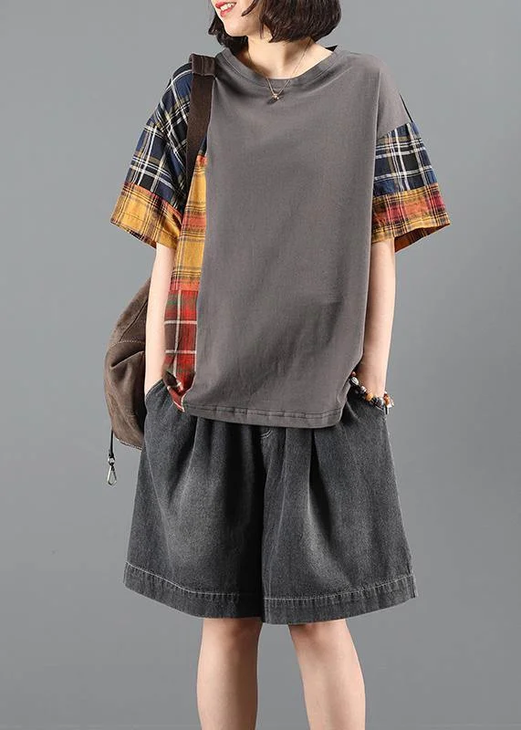 women's elegant shortsDenim shorts suit women summer loose gray plaid stitching two-piece suit