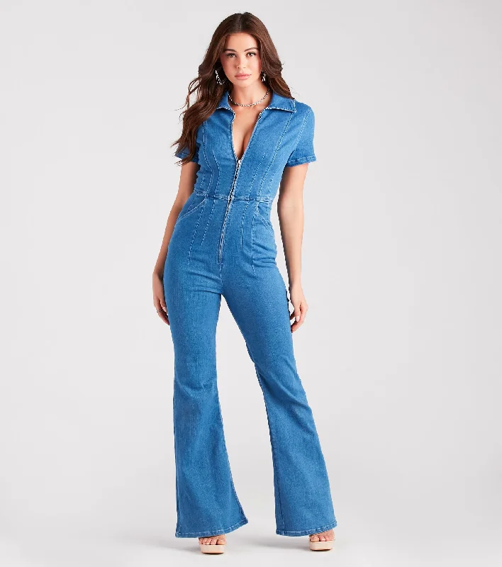 women's jumpsuits for hourglass figuresStyle Goals Flared-Leg Denim Jumpsuit