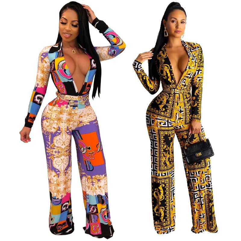 women's jumpsuits with self-ties at the waistFashion Digital Printing Long-sleeved V-neck Jumpsuit