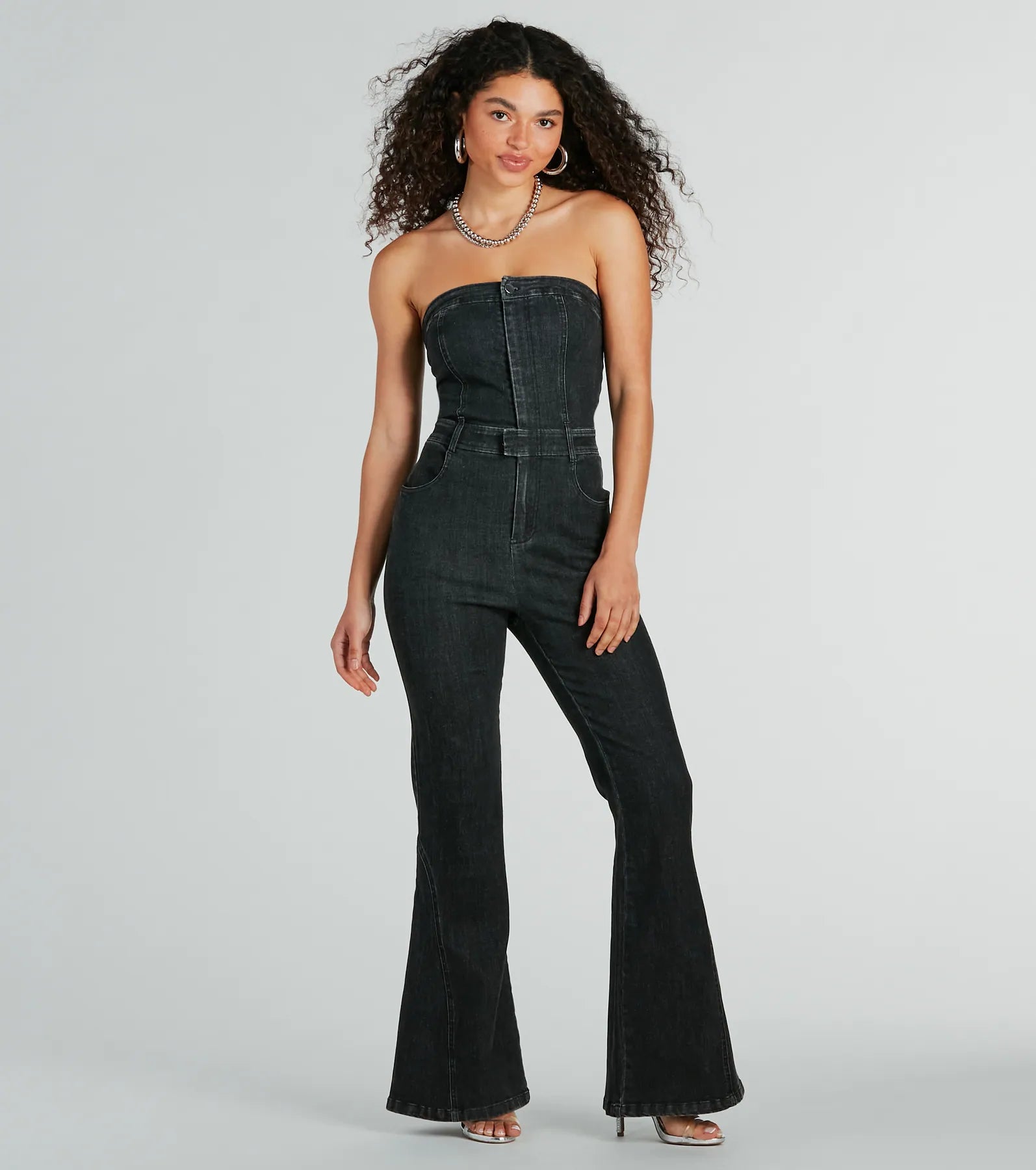 women's jumpsuits for high-performance fabricsFlirty Retro Strapless Flare Denim Jumpsuit