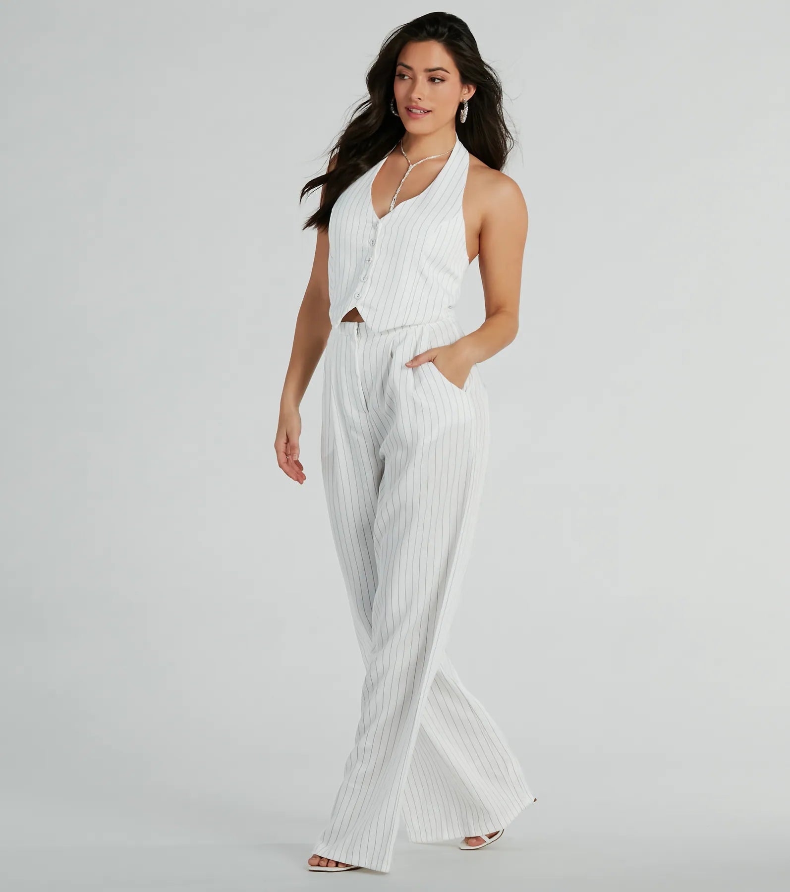 women's jumpsuits with belt loopsGetaway Vibes Wide-Leg Pinstripe Woven Jumpsuit