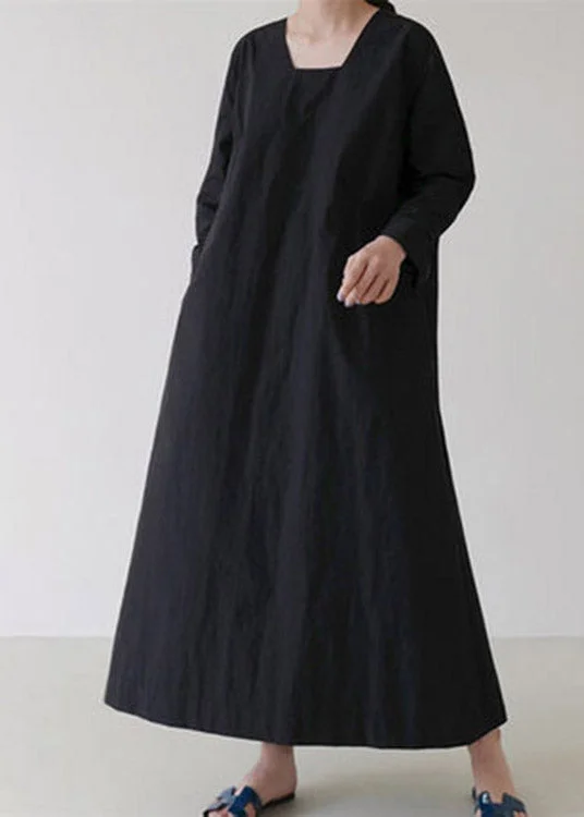 maxi dresses with pockets and sleevesVintage Black Square Collar Cozy Linen Maxi Dress Long Sleeve