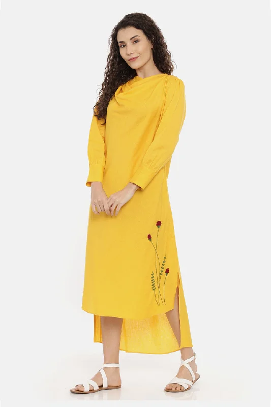 midi dresses for partiesYellow High-Low Cowl Midi Dress