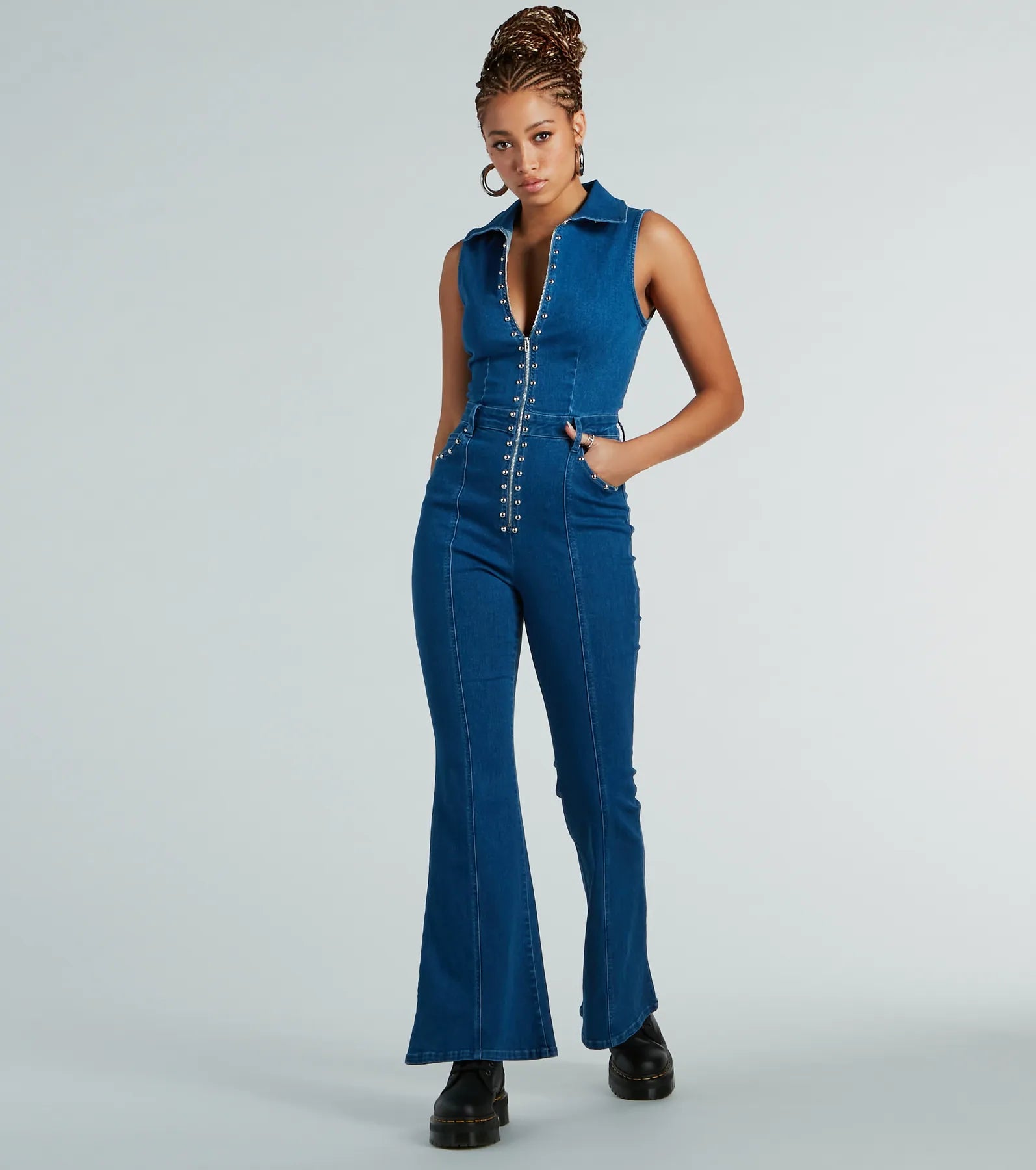 women's jumpsuits with rufflesRetro Attitude Studded Flared-Leg Denim Jumpsuit