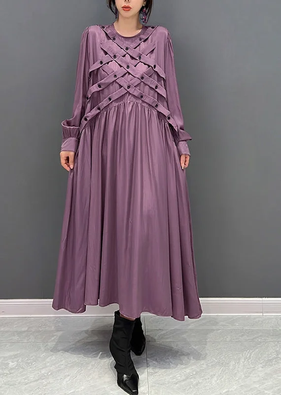 cotton maxi dressesItalian Purple O-Neck Wrinkled Button Maxi Dresses Spring