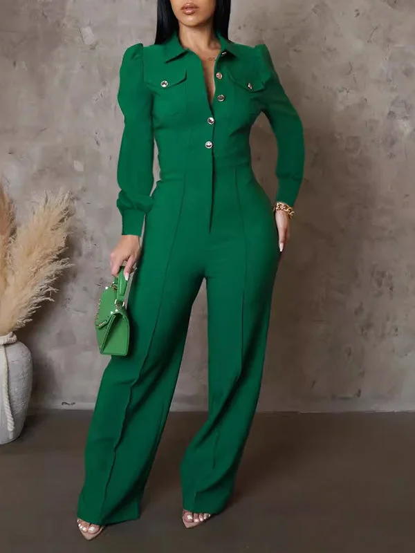 women's jumpsuits for tall womenSolid Button-Front Jumpsuit