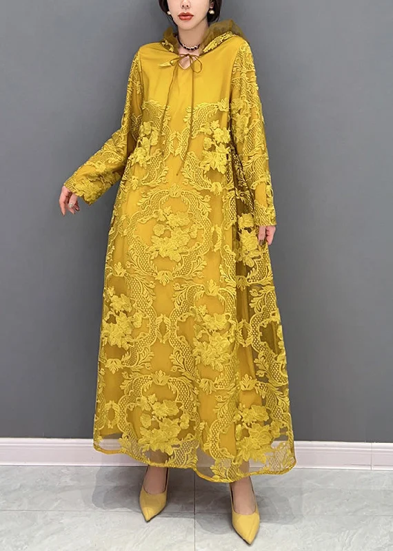 maxi dresses with halter necksChic Yellow Embroideried Neck Tie Tulle Maxi Dresses Long Sleeve