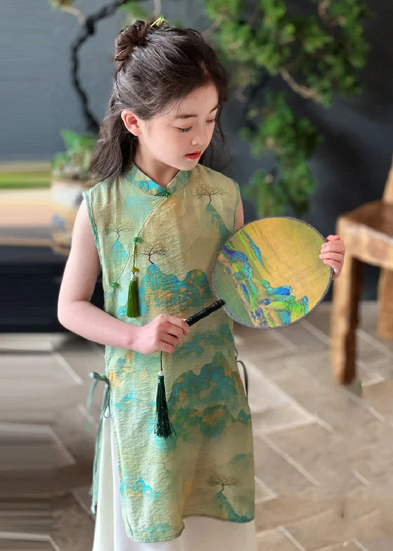 maxi dresses for womenRetro Green Stand Collar Print Tie Waist Kids Maxi Dress Short Sleeve