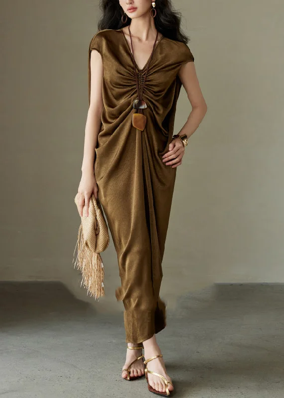 maxi dresses for date nightsStylish Brown V Neck Cinched Silk Maxi Dresses Summer