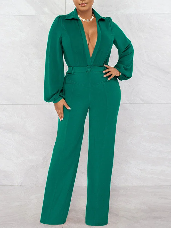 women's jumpsuits for petite womenSolid Deep V Jumpsuit