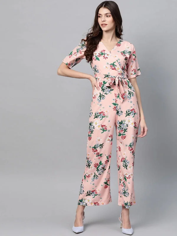 women's jumpsuits for minimalist fashionPANNKH Pink Pastel Floral Printed Jumpsuit