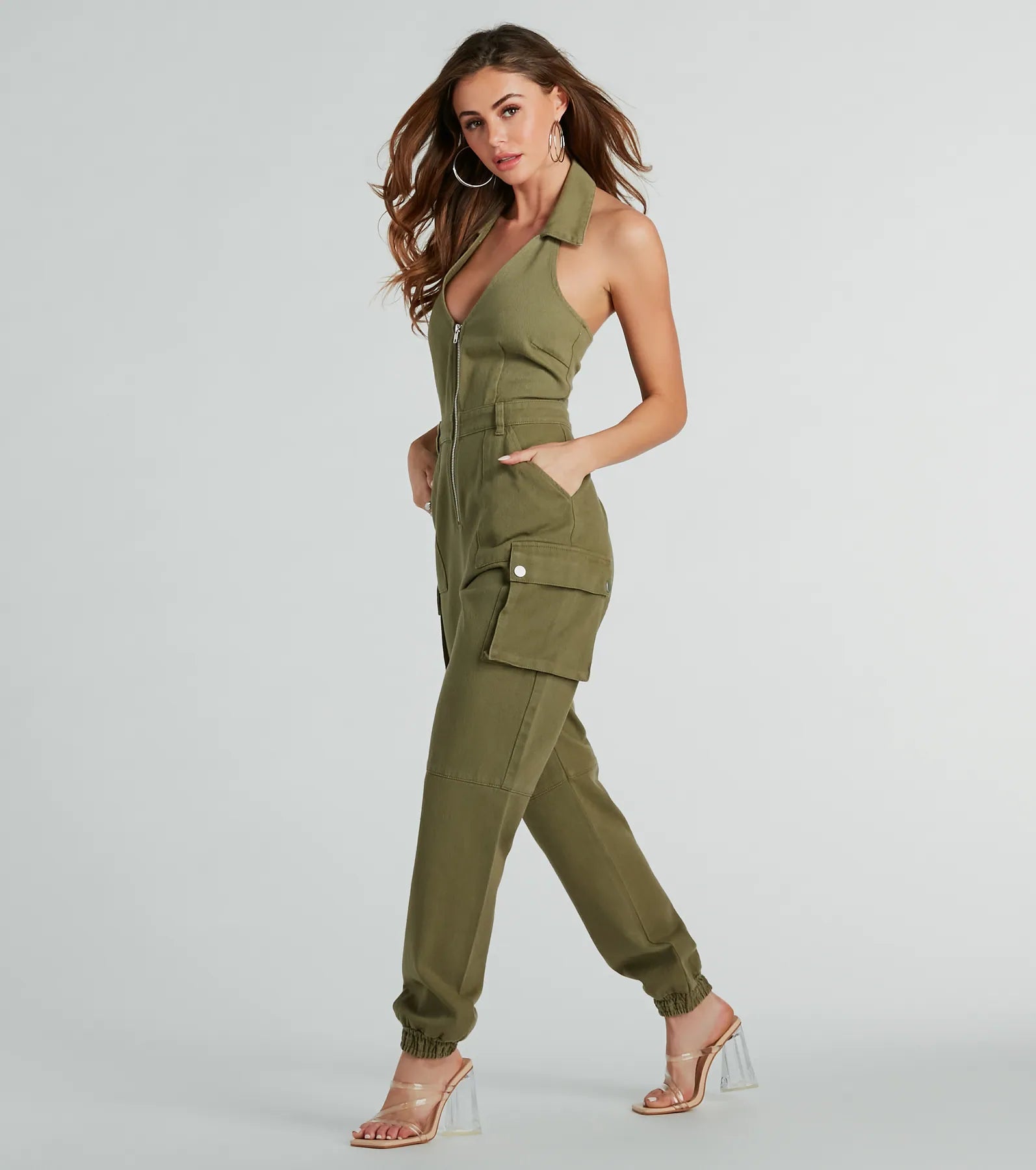 women's jumpsuits for weddingsOn The Hit List Halter Cargo Jogger Denim Jumpsuit