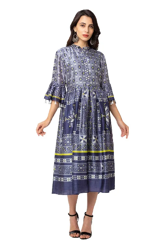 lace midi dressesBlue Printed & Pleated Midi Dress