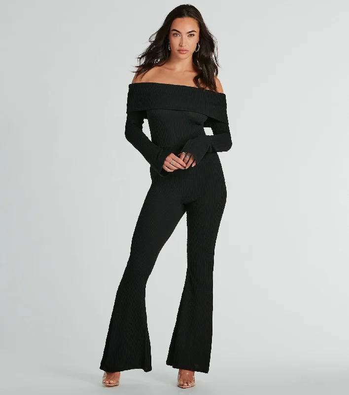 women's jumpsuits for springSo Chic Off-The-Shoulder Long Sleeve Knit Jumpsuit