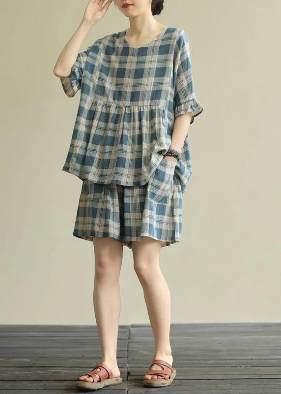 women's below-the-knee shortsLoose Round Neck Stitching Top Elasticated Shorts Blue Plaid Two-piece Suit