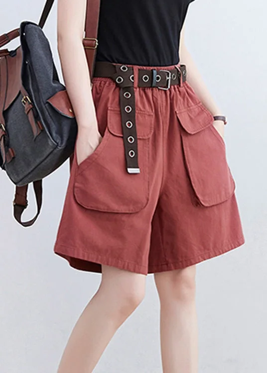 women's travel shortsRed Pockets Elastic Waist Wide Leg Shorts