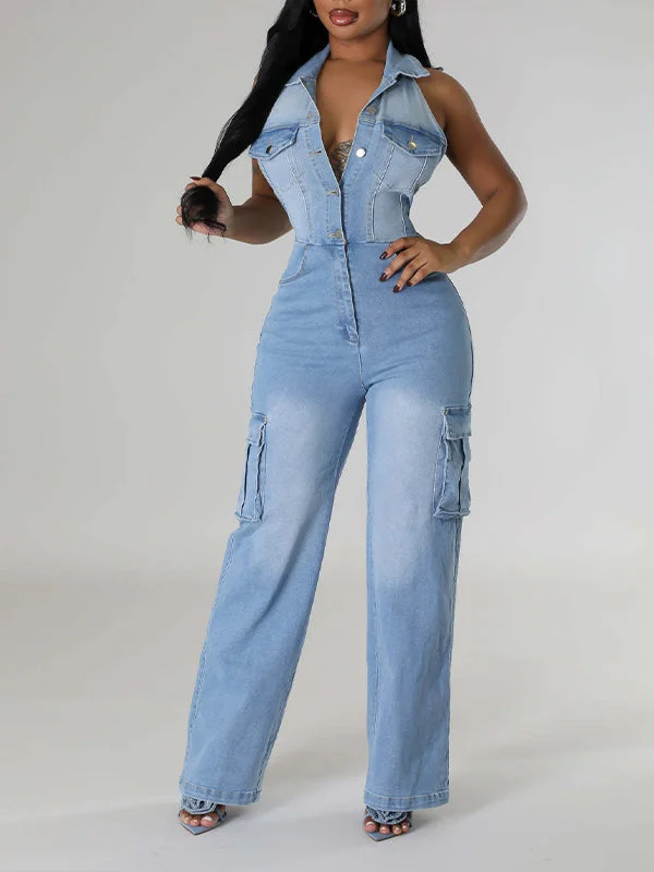 women's casual jumpsuitsHalter Button-Front Denim Jumpsuit