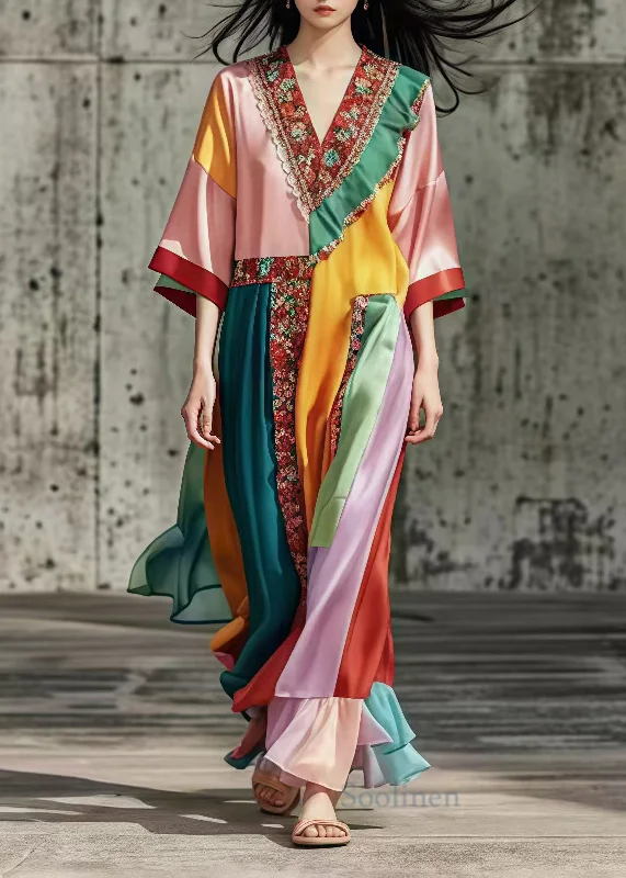 bohemian maxi dressesFrench Colorblock Ruffled Patchwork Silk Maxi Dresses Summer