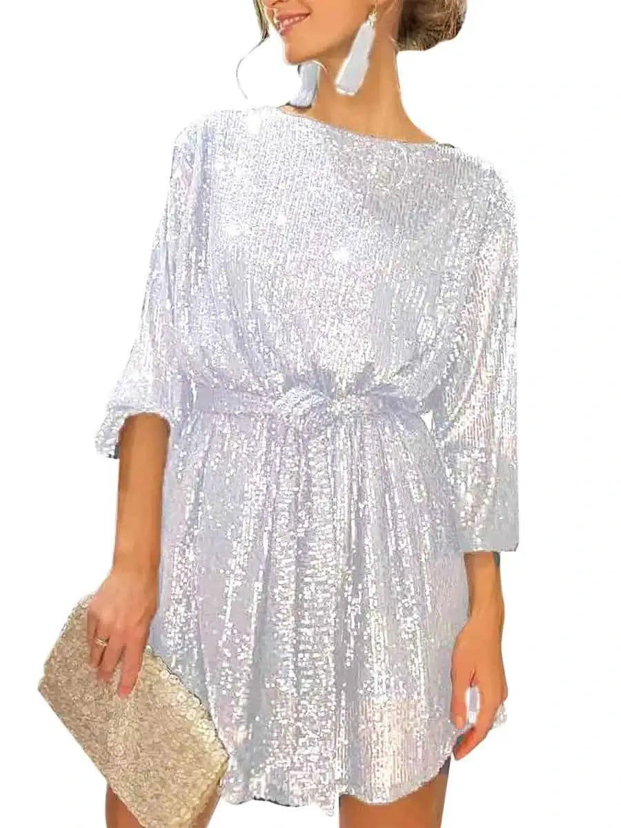 x-small lace Mimi dresses for tiny framesMini Straight Fit Belted Long Sleeve White Sequin Dress